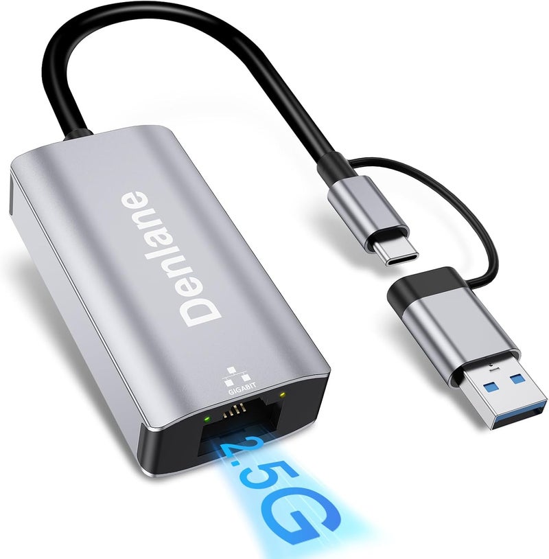 Denlane محول USB C إلى Ethernet بسرعة 2.5Gbps، محول USB 3.0 إلى Ethernet 2 في 1، Ethernet إلى USB-A و USBC جهاز (Thunderbolt 4/3)، شبكة RJ45 بسرعة 2500/1000/100Mbps للابتوب، MacBook/iPad/XPS/Windows - Image 1